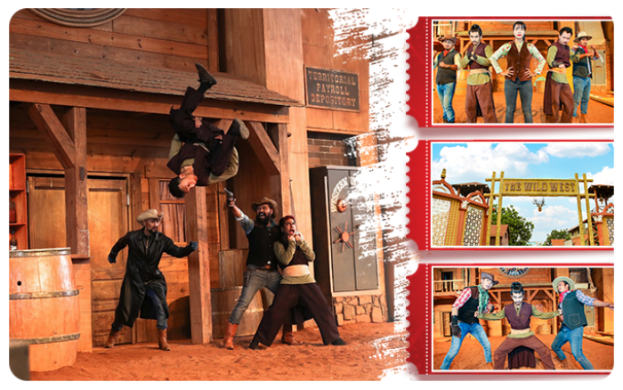 Thrilling stunt performers in a Western-themed set at Ramoji Film City Thrilling stunt performers in a Western-themed set at Ramoji Film City